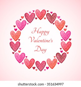 Happy Valentines Day vector greeting card. Round frame made of watercolor ornamental hearts with lettering. Design element. Lace ornamentation is removable.