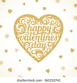 Happy valentines day - vector greeting card with glitter gold hearts