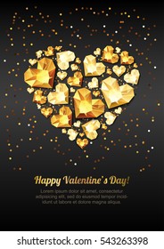 Happy Valentines Day Vector Greeting Card. Gold Gem Heart On Black Background. Golden Holiday Poster With Diamonds, Jewels. Concept For Valentines Banner, Flyer, Party Invitation, Jewelry Gift Shop.