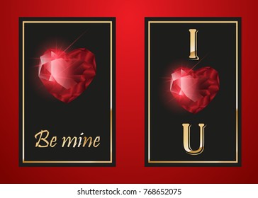 Happy Valentines day vector greeting card. Red gem heart on black background. Luxury holiday background with diamonds, jewels. Concept for Valentines banner, flyer, party invitation, jewelry gift shop