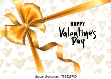 Happy Valentines day vector greeting card. Realistic golden ribbon and gold heart pattern. Design for holiday flyer, poster, party invitation, banner, gift card.