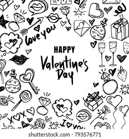 Happy Valentines day vector greeting card. Black and white doodle frame and hand drawn letters. Design for holiday poster, party invitation, banner. Romantic ink illustration.