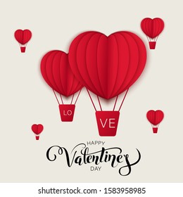 Happy valentines day vector greetings card design with paper cut red heart shape hot air balloons flying and hearts in white background. Vector illustration.