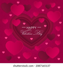Feliz día de San Valentín diseño de tarjetas de saludos vectoriales con papel cortado corazones rojos.