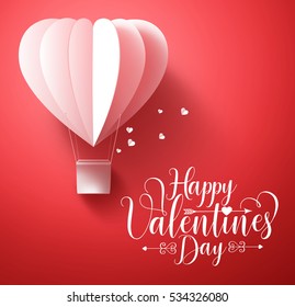 Happy valentines day vector greetings card design with 3d realistic paper cut heart shape flying balloon and hearts decorations in red background. Vector illustration.
