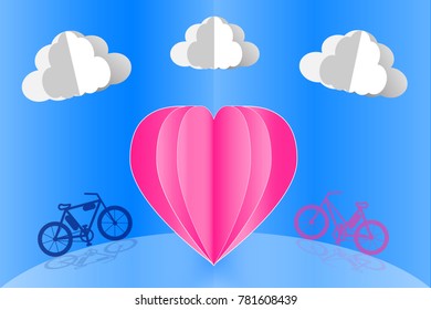 Happy valentines day vector greetings card design with 3d realistic paper cut heart shape flying balloon and hearts decorations in red background. Vector illustration. Wedding invitation card.