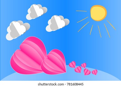 Happy valentines day vector greetings card design with 3d realistic paper cut heart shape flying balloon and hearts decorations in red background. Vector illustration. Wedding invitation card.
