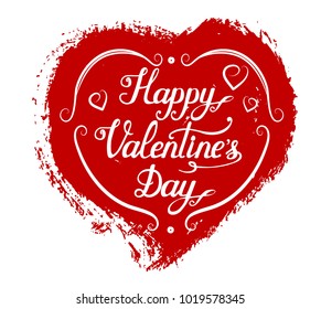 Happy Valentines Day vector hand drawn lettering with textured red heart