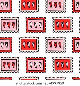 Happy Valentine's day vector hand drawn pink seamless pattern with postage stamps. Red Love decor with hearts. Print for wrapping paper, wallpapers and textiles