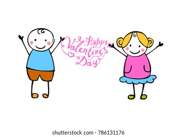 Happy Valentine's Day. Vector hand written lettering. Boy and girl (or man and woman). Little people in the children's style. 