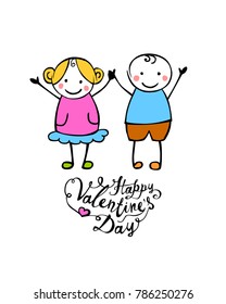 Happy Valentine's Day. Vector hand written lettering. Boy and girl (or man and woman). Little people in the children's style.