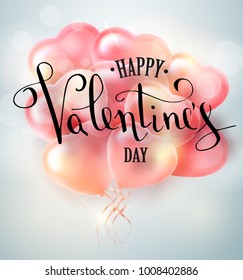 Happy valentines day vector handwritten text greeting card card design with 3d realistic heart shape balloon . Vector illustrator 10 eps.