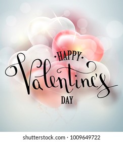 Happy valentines day vector handwritten text greeting card card design with 3d realistic heart shape balloon . Vector illustrator 10 eps.