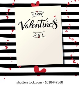 Happy Valentine's Day. Vector Handwritten lettering with stripes on the background.