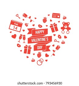 Happy Valentine's Day Vector Heart-Shaped Greeting Card with Calendar, Letter, Toy Bear, Diamond Ring, Glass of Champagne, Tea Candle, Strawberry, Rose, Lips, Key, Gift Box and Ribbon