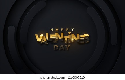 Happy Valentines Day. Vector holiday illustration of black and golden paper label on black layered background. Festive banner or cover design