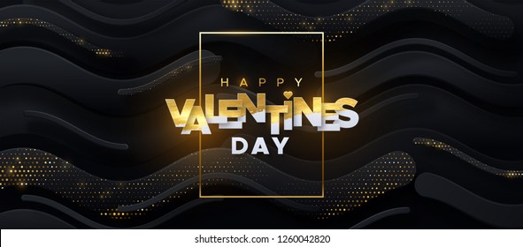 Happy Valentines Day. Vector holiday illustration of white paper label textured with golden paint on black geometric layered background. Festive banner or cover design