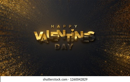 Happy Valentines Day. Vector holiday illustration of black paper label textured with golden paint and glitters on black shimmering background. Festive banner or cover design