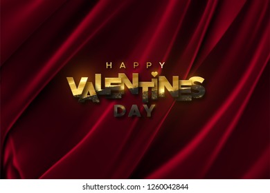 Happy Valentines Day. Vector holiday illustration of black paper label textured with golden paint and shimmering paillettes on dark red silk fabric background. Festive banner design