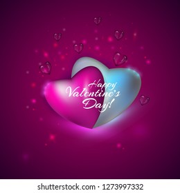Happy Valentines Day. Vector holiday illustration with sparkles, blue and pink hearts and inscription Happy Valentine's Day. Concept of love of man and woman. Heart couple