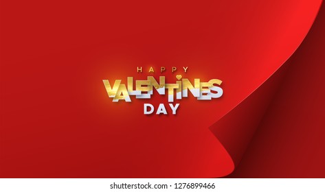 Happy Valentines Day. Vector holiday illustration of white letters textured with golden paint. Red paper sheet with curled corner. Abstract background. Festive banner design