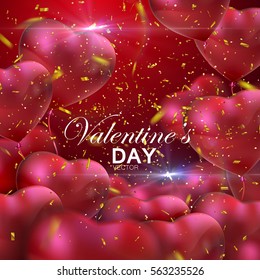 Happy Valentines Day. Vector holiday illustration of flying bunch of red balloon hearts and golden glittering confetti. Valentines Day flying hearts. Festive romantic decoration. Wedding concept.