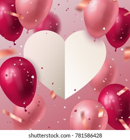 Happy Valentine's Day. Vector holiday illustration of flying red and pink balloons, white paper cut heart banner and heart shape confetti. 14 February festive decoration. Vector Stock illustration