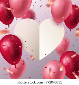 Happy Valentine's Day. Vector holiday illustration of flying red and pink balloons, white paper cut heart banner and heart shape confetti. 14 February festive decoration. Vector Stock illustration