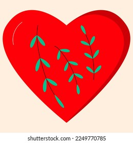 Happy Valentines day vector icon love heart with leaves decoration cartoon style