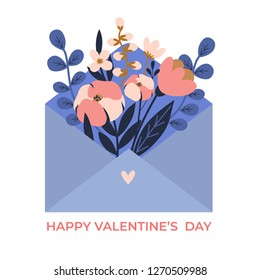 Happy Valentines Day. Vector illustration of envelope with flowers inside. Lovely cute flower bouquet inside the envelope.