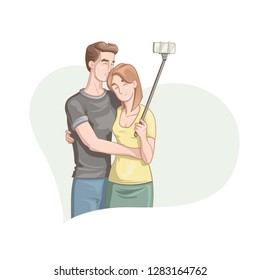 Happy Valentine's Day. Vector illustration of cartoon style beautiful loving couple smiling and making selfie for your design