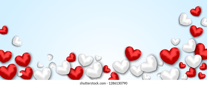 Happy Valentine's Day Vector Illustration. Holiday Modern Design Template with Red and White Realistic Hearts. Banner or Header Vector Background.