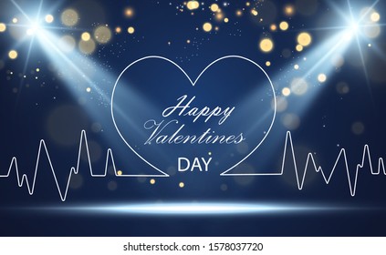 
Happy Valentine's Day vector illustration with a podium and spotlights.