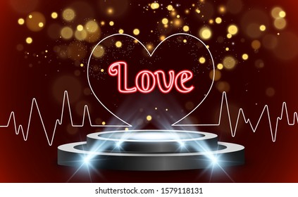Happy Valentine's Day vector illustration with a podium and spotlights.