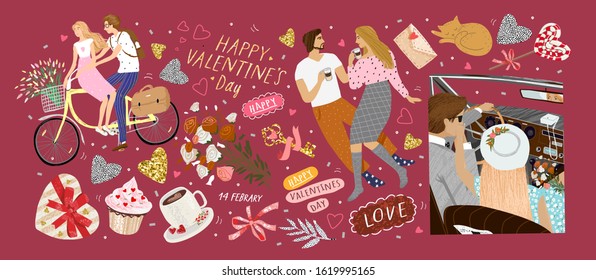 Happy Valentine's day! Vector illustration for the holiday of love - February 14th. Drawings of a couple at home, newlyweds in a retro car and lovers on a bicycle 
