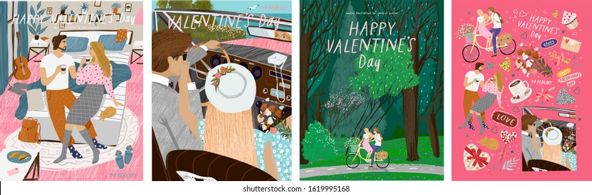 Happy Valentine's day! Vector illustration for the holiday of love - February 14th. Drawings of a couple at home, newlyweds in a retro car and lovers on a bicycle in nature
 
