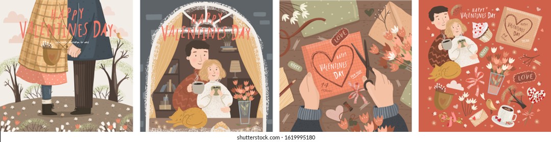 Happy Valentine's Day! Vector Illustration For The Spring Holiday Of Love - February 14th. Drawings Of Couple With Coffee. Home By The Window, Kissing On A Date And Creating A Heart On The Table.
 
