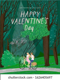 Happy Valentine's day! Vector illustration for the holiday of February 14 -  date on the bike in the forest on nature. Drawing for background, card or poster.
 
