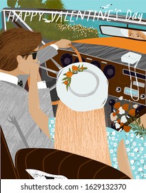 Happy Valentine's day! Vector illustration of a couple in love in the car. Drawing of man and woman on holiday weekend for card, poster or background.
 

