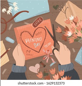 Happy Valentine's day! Vector illustration of a table, hands carving a heart shape, envelope and flowers. Holiday pattern for card, poster or background.
 
