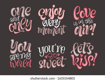 Happy Valentine's Day vector illustration. Love and romantic lettering. Set of handwritten phrases, quotes and slogans for greeting card, prints or social media. Unique elements for elegant design