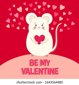 Happy Valentine's Day vector illustration with white mouse. Hand lettering Be my Valentine. Great for cards, poster, banner, invitation. 