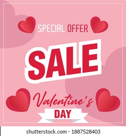 Feliz Vector de Día de San Valentín Ilustración con fondo rosado y corazones rojos. Promo Banner Web. Para material promocional, sitio web, afiches, cupones, anuncios.