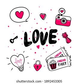 Happy Valentines Day. Vector illustration isolated on white background. Love, camera, key, stickers, candy, tickets, Hand drawn text for Valentines Day greeting card. Design for stickers, print cards,