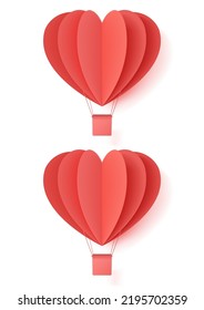 Happy valentines day vector illustration design with two paper cut red heart shape origami made hot air balloons flying in white background. Paper art and digital craft style