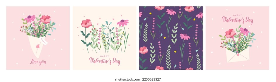 Happy Valentine's Day. Vector illustration of a bouquet of flowers, flowers in an envelope.  Concept of love. Beautiful greeting cards, posters, banner. Lovely romantic background. Flat cartoon.