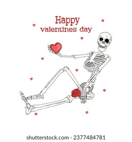 Happy Valentine's Day. Vector illustration of a skeleton holding a red heart for printing, logo, icon, blank for designer