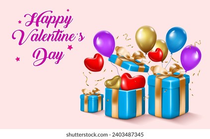 happy Valentine's day vector illustration backdrop design element, gift boxes,balloons and hearts decorative modern romance background,use for celebration and  anniversary greeting card design.