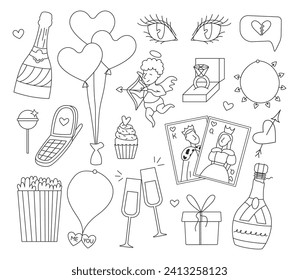 Happy Valentine's Day vector illustration in doodle style. Set of cute hand drawn elements about love. Design elements isolated on white. Line art