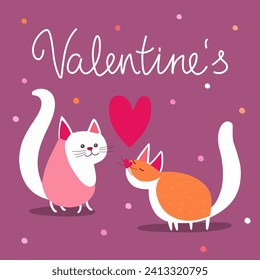 Happy Valentine's Day vector illustration with cute funny cats in love with pink heart